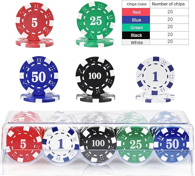 100Pcs Poker Chip with Denominations, Casino Poker Chips Set with Numbers, 11.5 Gram Clay Composite