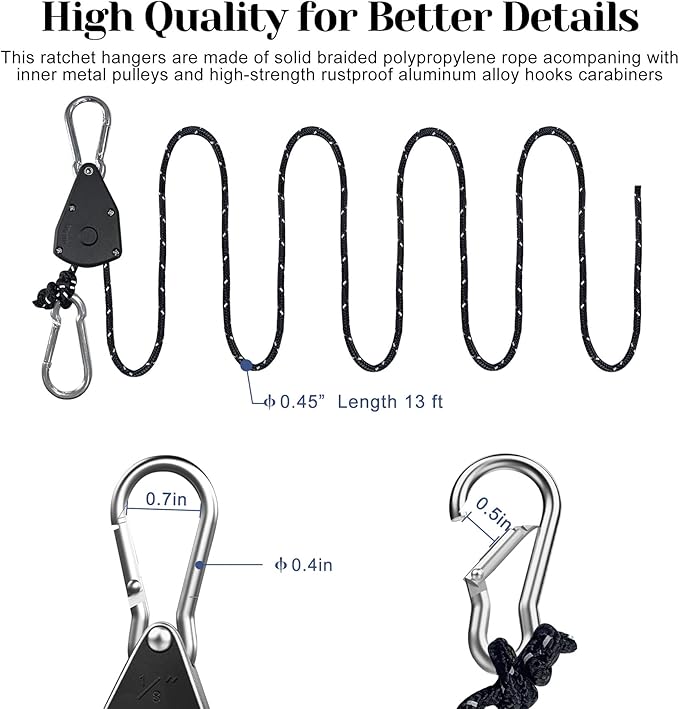 CONBOLA Suction Cups Hooks with 1/8" Adjustable Grow Light Hangers 13 ft with Reinforced
