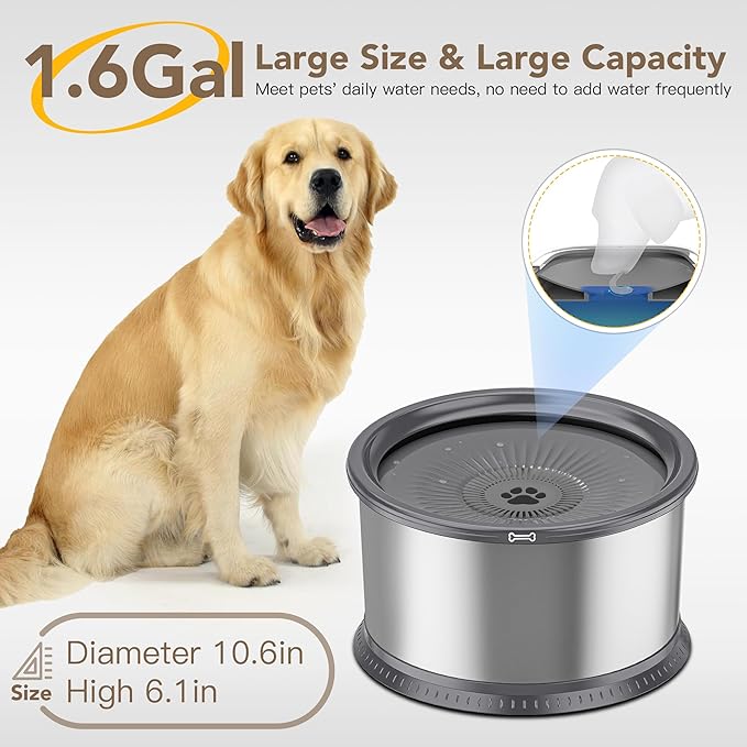1.6 Gallon Dog Water Bowl, 6.5L/220oz Stainless Steel No Spill Water Bowl for Large Dogs, Super