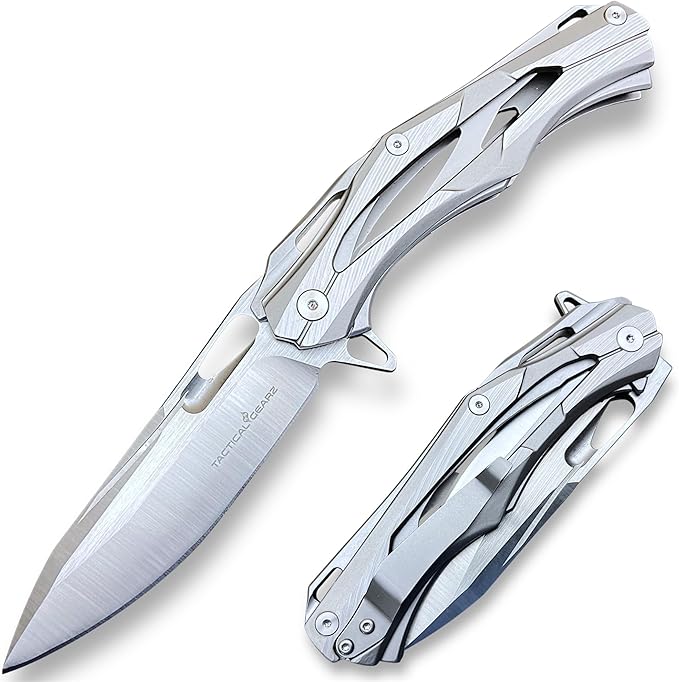 TACTICAL GEARZ Stainless Steel Pocket Knife, Brushed Nickel Stainless Steel Handle, D2 Steel Blade