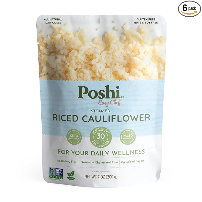 POSHI Riced Cauliflower | All Natural, Fully Cooked, Ready to Eat, Non-GMO, Low Calorie + Carb