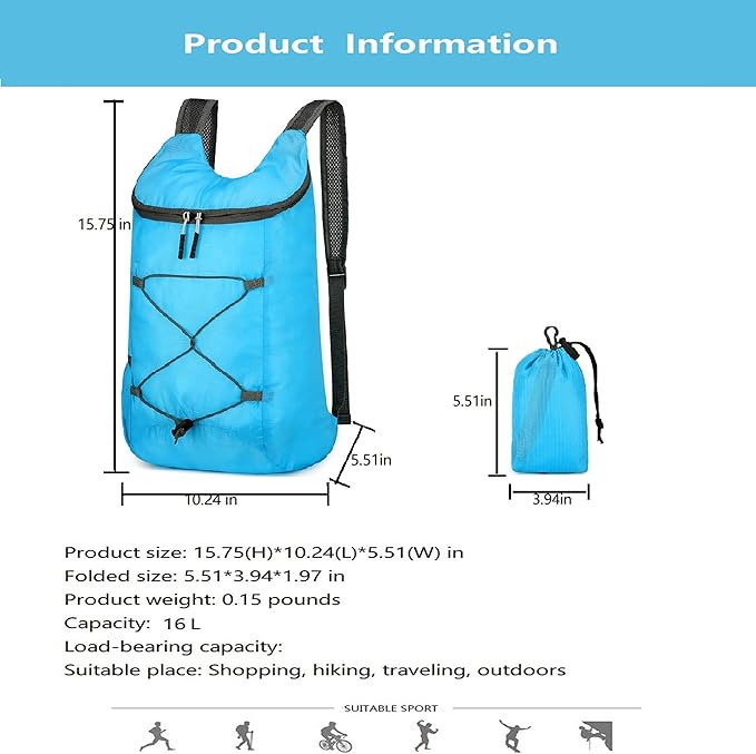 16L Lightweight Foldable Hiking-Backpack Small Packable-Daypack For Travel,Ultralight
