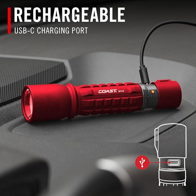 Coast XP11R 2600 Lumen USB-C Rechargeable LED Flashlight with Slide Focus®?¯and Pure Beam® Focusing Optic, 4 Light Modes, Red
