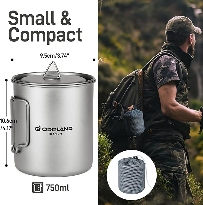 Odoland Titanium Camping Cookware 420ML Titanium Pot with Lid and Spork Lightweight Camping Pot for