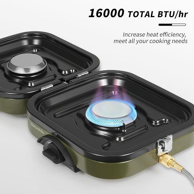 Naturehike 2 Burner Folding Camping Stove with Griddle, Portable Camp Isobutane Gas Stove with