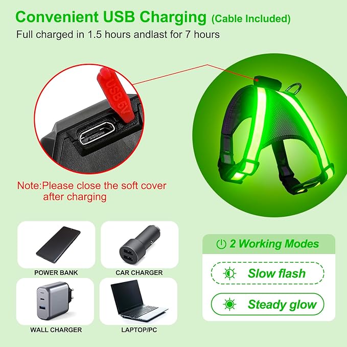 Visinite LED Dog Harness, USB Rechargeable Light Up Dog Vest, 2 Illuminate Modes Glow in The Dark