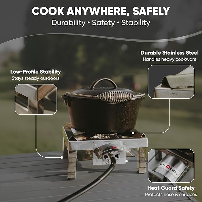 GasOne Stainless Steel Single Propane Burner - Outdoor Cooking with Heat Shield and Guard ??Propane