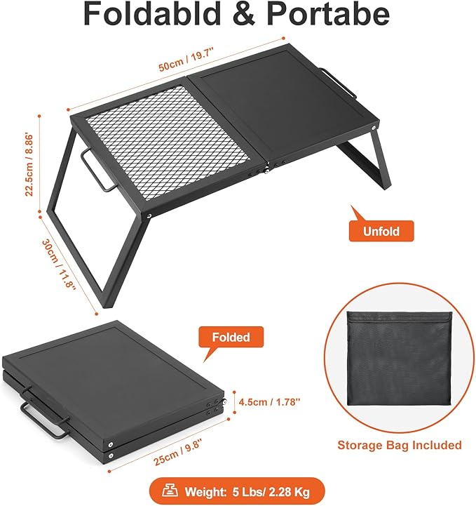 Odoland Folding Campfire Grill, Heavy Duty Steel Mesh Grate with Folding Legs and Storage Bag