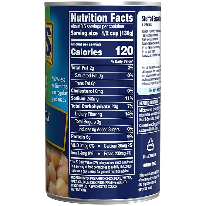 BUSH'S BEST 16 oz Canned Reduced Sodium Garbanzo Beans, Source of Plant Based Protein and Fiber