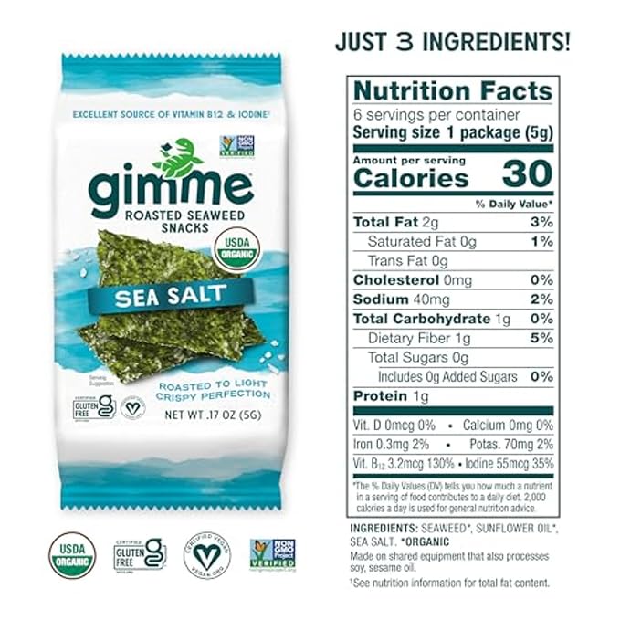 Gimme Seaweed Organic Premium Roasted Seaweed Snacks, Sea Salt, 6 Count, Keto, Vegan, Gluten-Free