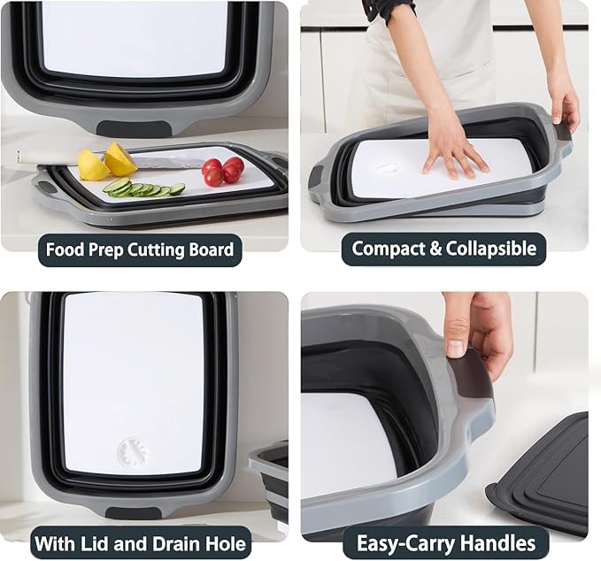 Collapsible BBQ Prep Tubs with Lids, Grill Cutting Board, Camping Sink with Drainage Hole for Meal