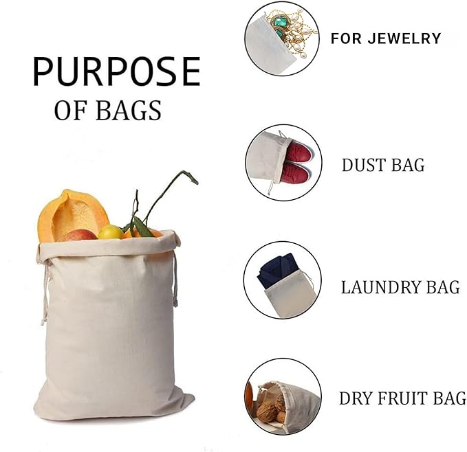 100Pcs 3 x 5 Inches Premium Cotton Muslin Double Drawstring Bags, Reusable Bag Natural Cotton Bags