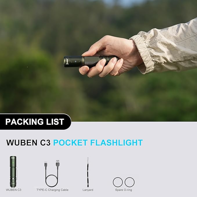 WUBEN C3 Flashlight 1200 High Lumens Rechargeable Flashlights 6 Modes Super Bright IP68 LED