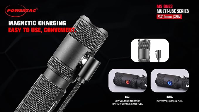 PowerTac M5-G3 2030 Lumens Rechargeable Tactical Flashlight, 330M Throw with Magnetic Charging and
