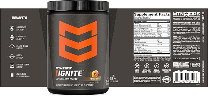 MTN OPS Ignite Energy Drink Powder, Gluten Free Nootropic Supplement Drink Mix, L Arginine, L