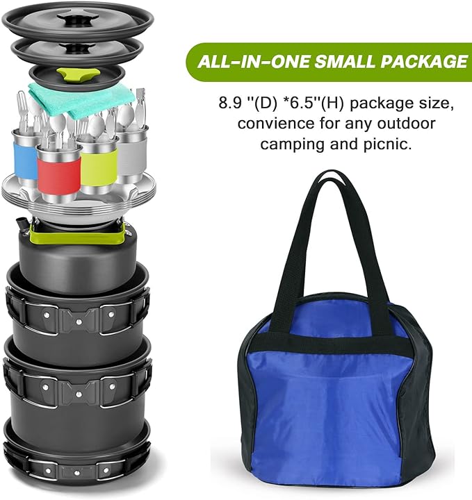 Odoland 29pcs Camping Cookware Mess Kit, Non-Stick Lightweight Pots Pan Kettle, Collapsible Water