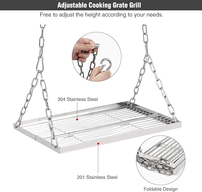 Lineslife Grill Swing Campfire Cooking Stand with Adjusatble Stainless Steel Grill Grate