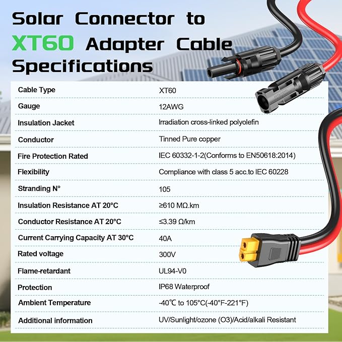 Bateria Power Solar to XT60 Charge Extension Cable with Solar Connectors Caps, Combined Wire Solar