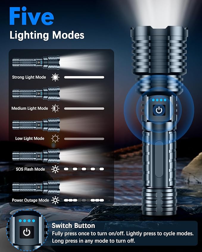 Super Bright Rechargeable LED Flashlights 5000.000High Lumens,Powerful Tactical Flashlight Up to