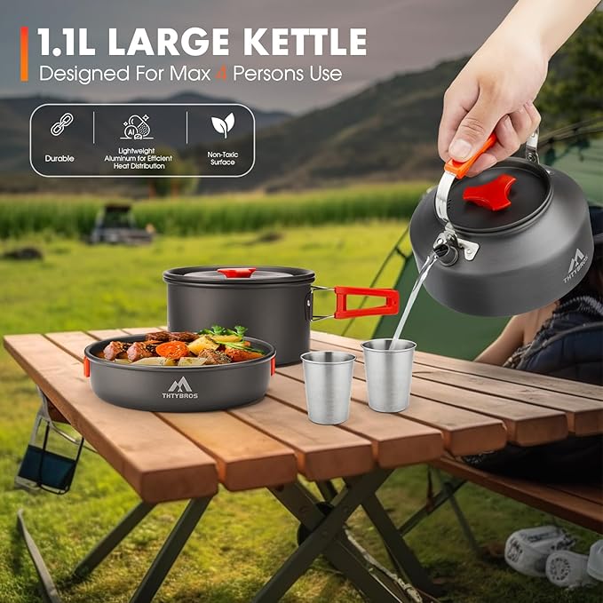 17pcs Camping Cookware Kit, 0.45Gal Pot, 7inches Pan,0.30Gal Kettle Set with 2 Set Stainless Steel
