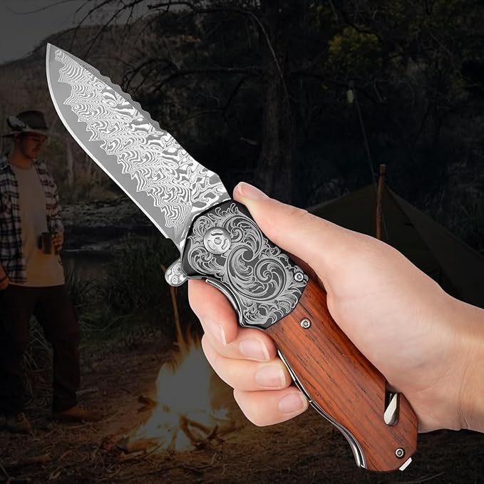 Pocket Knife with Glass Breaker, EDC Damascus Folding Knife with Seatbelt Cutter, 3.35" VG10