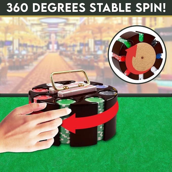 Poker Set, 200pcs 11.5gr Hefty Casino Chip Set with Solid Wooden Rotating Carousel Case and 2 Decks