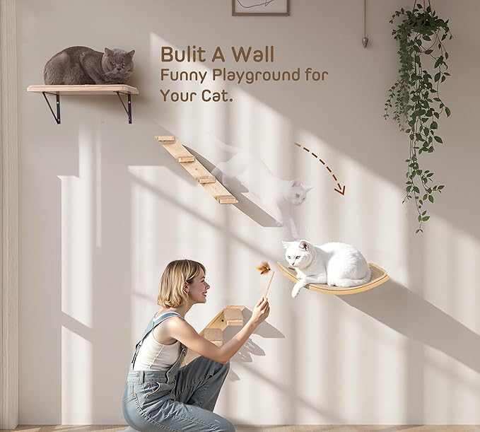 Wall Mounted Cat Shelves Stairs Set, 4 Piece Wood Cats Wall Furniture with Sisal Cat Window Perch