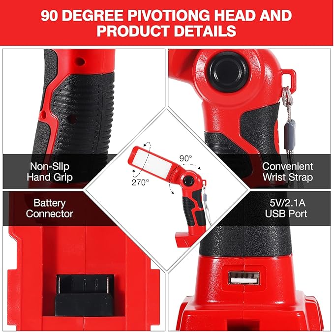 YEX-BUR LED Work Light Torch Compatible with Milwaukee 18v Battery, 12W 1000LM Flashlight with