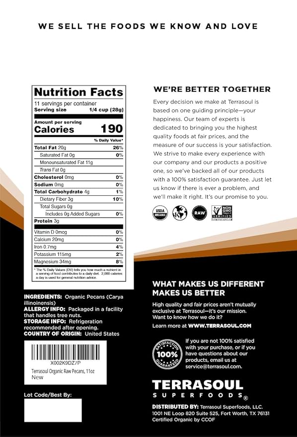 Terrasoul Superfoods Organic Pecans, 11 Oz (Pack of 1) - Mammoth Halves | Fresh | Raw
