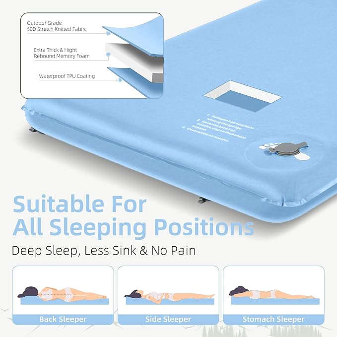 Memory Sleeping Pad, 3.1" Ultra-Thick Foam Sleeping Mats for Camping, Easy Inflate&Deflate,9.5