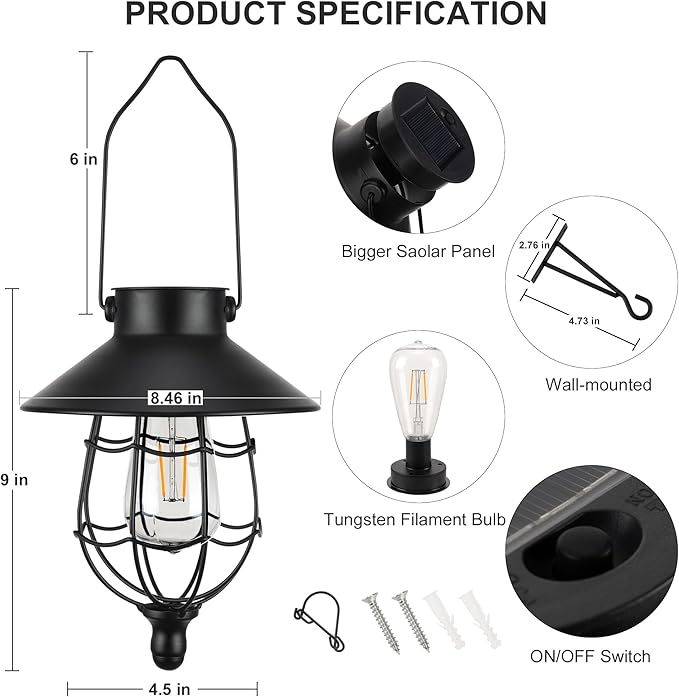 Solar Lanterns Outdoor Hanging Metal Vintage Lantern Warm White Solar Lights lamp Waterproof Edison