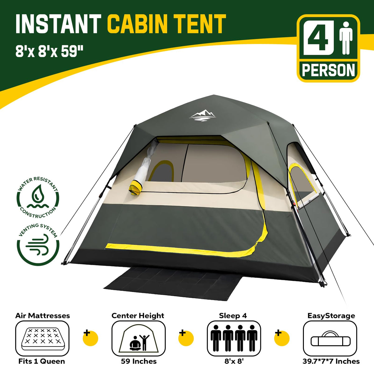 4 Person Instant Tents for Camping Setup in 50s, Cabin Tent with Rainfly