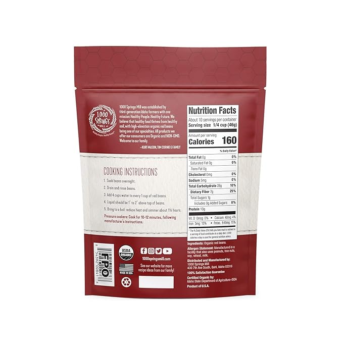1000 Springs Mill - Organic Red Beans | Used for Soups, Salads, Chili or as a Sweet Paste for