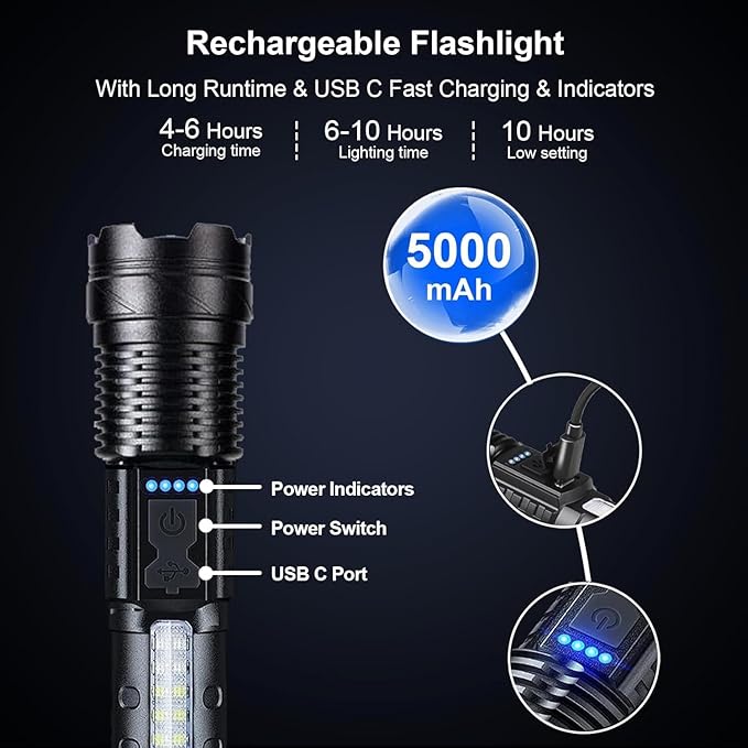 Rechargeable Flashlights High Lumens 2 Packs, 980,000L Super Bright Zoomable Tactical Flash Light