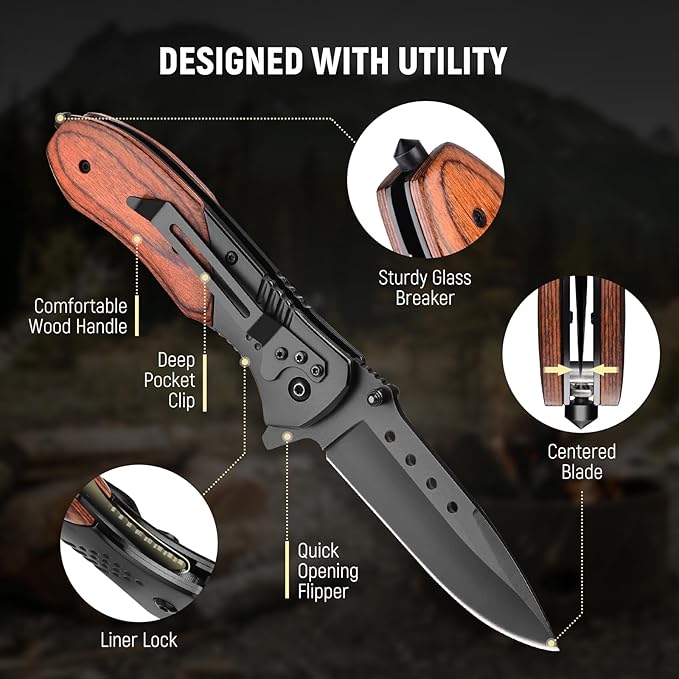 Pocket Knife for Men - 3.46" Sharp Blade Wood Handle Pocket Folding Knives with Clip, Glass Breaker