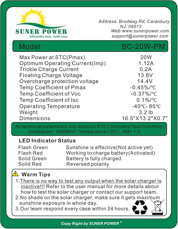 12V Waterproof Solar Battery Trickle Charger & Maintainer - 20 Watts Mono Solar Panel Built-in