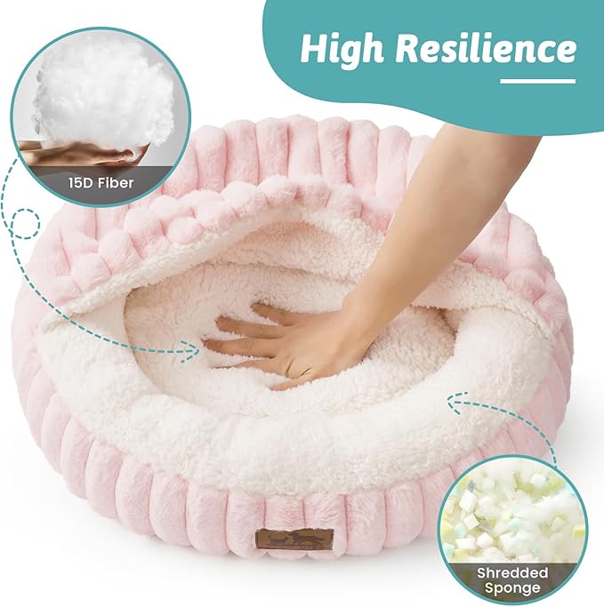 Small Dog Bed with Hooded Blanket, Round Fluffy Anti-Anxiety Pet Bed for Small Dogs & Medium Dogs