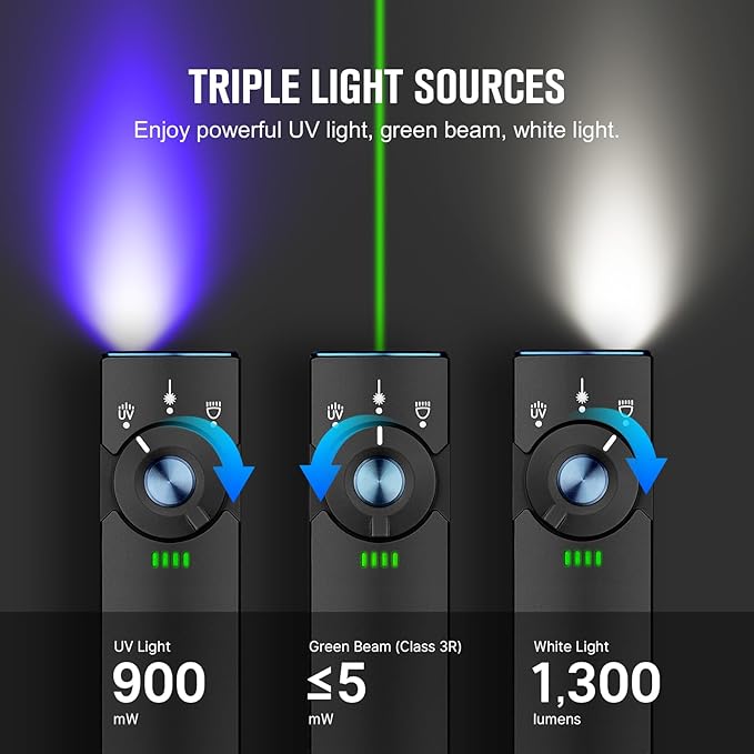 OLIGHT Arkfeld Pro Rechargeable EDC Flat Flashlight with Green Beam, UV and White LED Combo, 1300