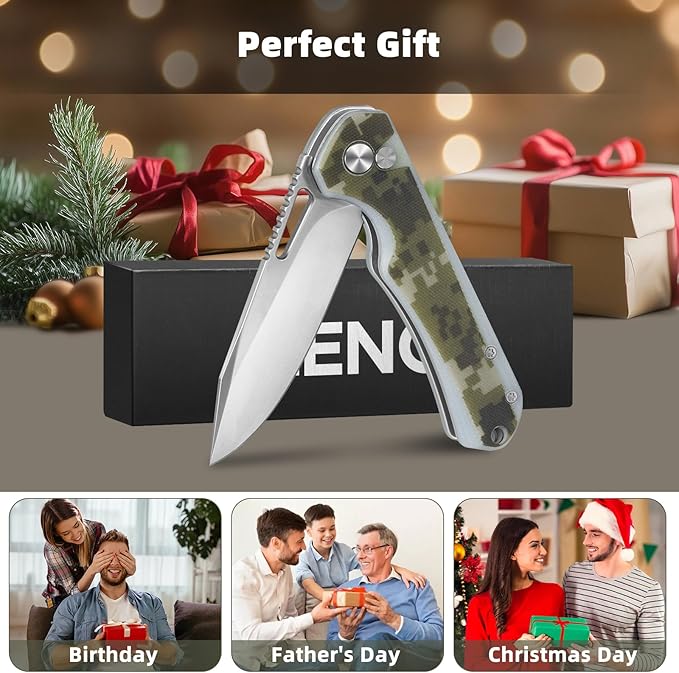 ZENG Folding Pocket Knife, 3.15" D2 Steel Blade Pocket knives, G10 Handle Small EDC Knife, Liner