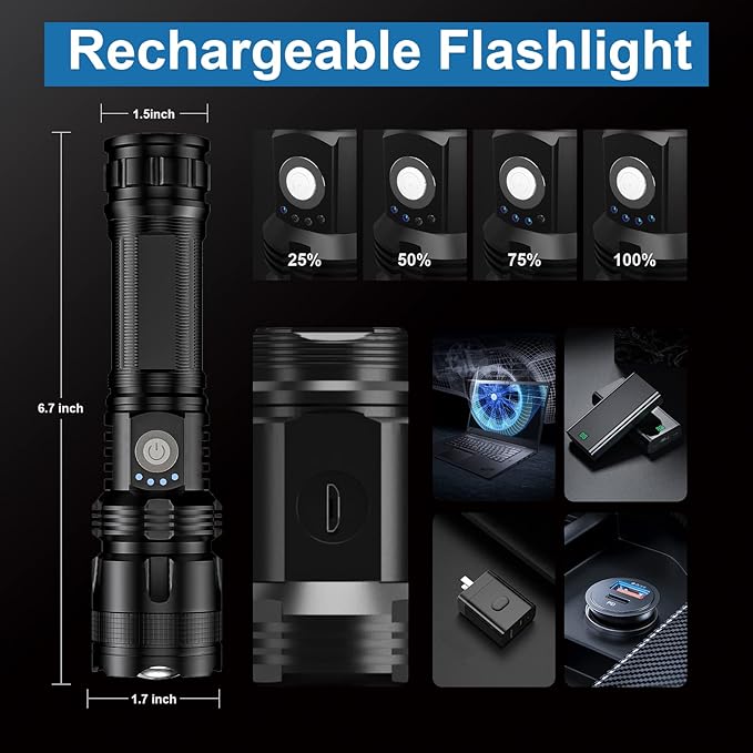Rechargeable Flashlights 90000 High Lumens - 2 Pack, Super Bright LED Flash Light with 5 Modes, 12