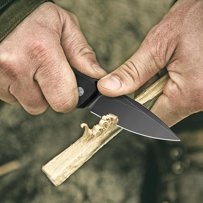 FINTISO Pocket Knife, 3" 14C28N Steel Blade G10 Handle Small EDC knife with Button Lock, Sharp
