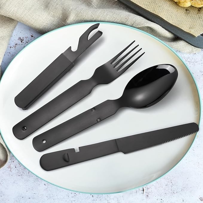 Portable Silverware Black Flatware Camping Cutlery Stainless Steel Spoon Fork Knife and Bottle