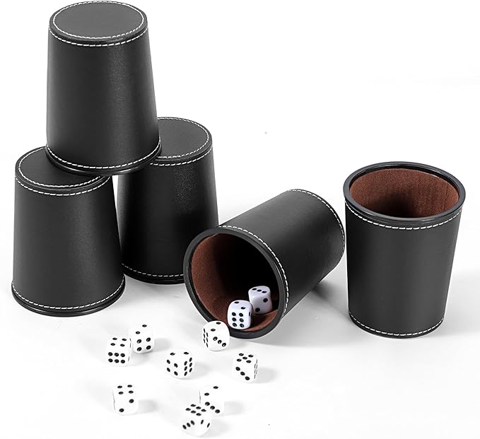 5X Dice Cup Set, PU Leather Dice Shaker Cups with 30 Dices for Bar Party Yahtzee Farkle Dice Games