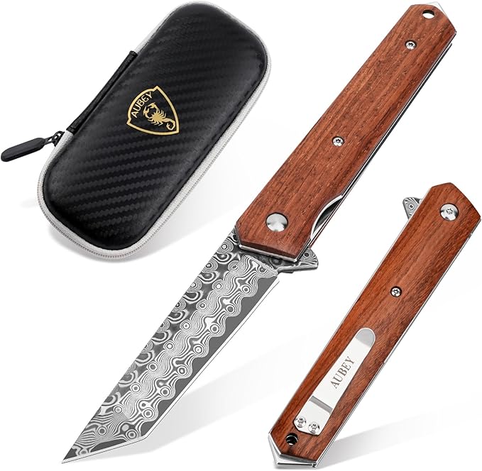 AUBEY Damascus Pocket Knife for Men, Sharp Tanto Blade with VG10 Core Folding Knives with Wooden