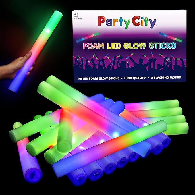 Party City 96pk LED Foam Glow Sticks 14?? Glow in the Dark Party Supplies Favors, Colorful Flashing