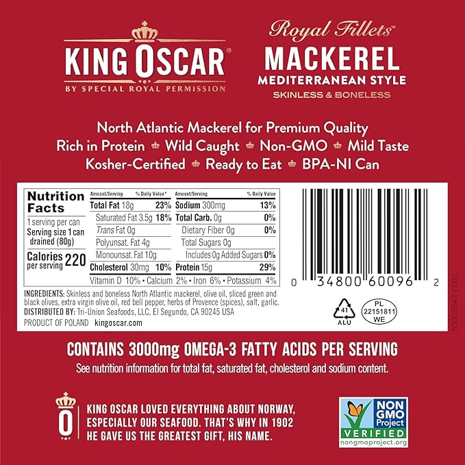 King Oscar Skinless & Boneless Mackerel Fillets, Mediterranean Style, 4.05 -Ounce Cans (Pack of 1)