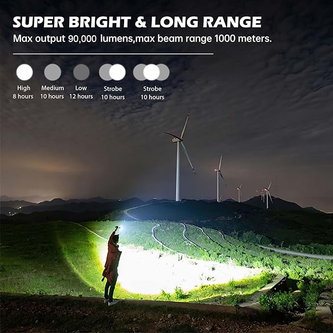 Rechargeable Flashlights 90,000 Lumens, Super Bright LED Flashlight High Lumens with USB Cable, 5