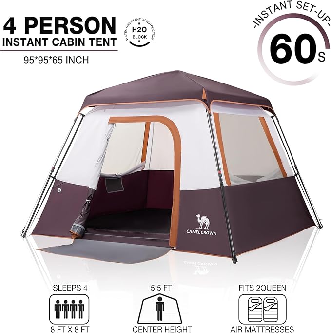 Camping Tents 4/6 Person Pop Up Instant Tent - Setup in 60s for Family Camping, Windproof Design