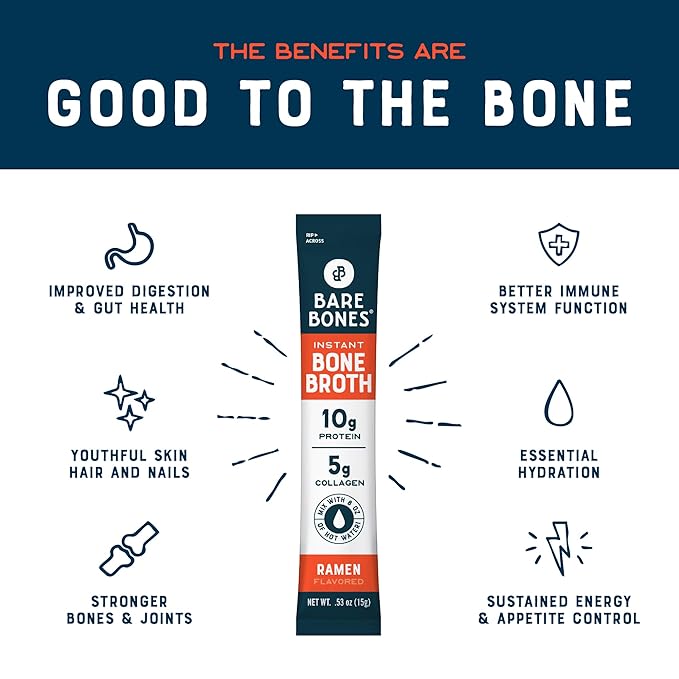 Bare Bones Bone Broth Instant Powdered Beverage Mix, Ramen, Pack of 16, 15g Sticks, 10g Protein