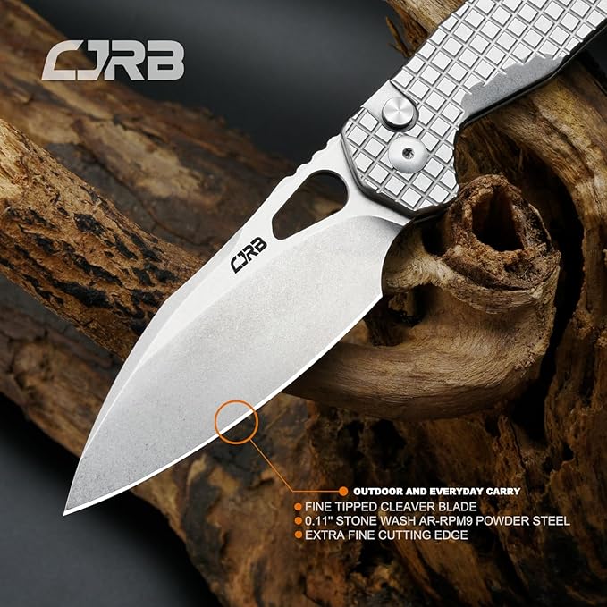 CJRB Frack Pocket Knife, 3.9" AR-RPM9 Steel Blade PVD Coating Frag Pattern Steel Handle EDC Knife